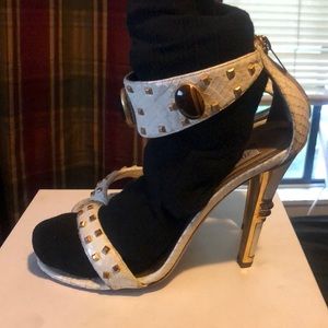 Jimmy choo open white snake skin heels with detail